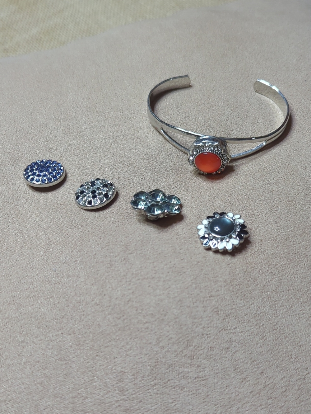 Silver Cuff Bracelet with Orange Stone Accent and 4 snaps